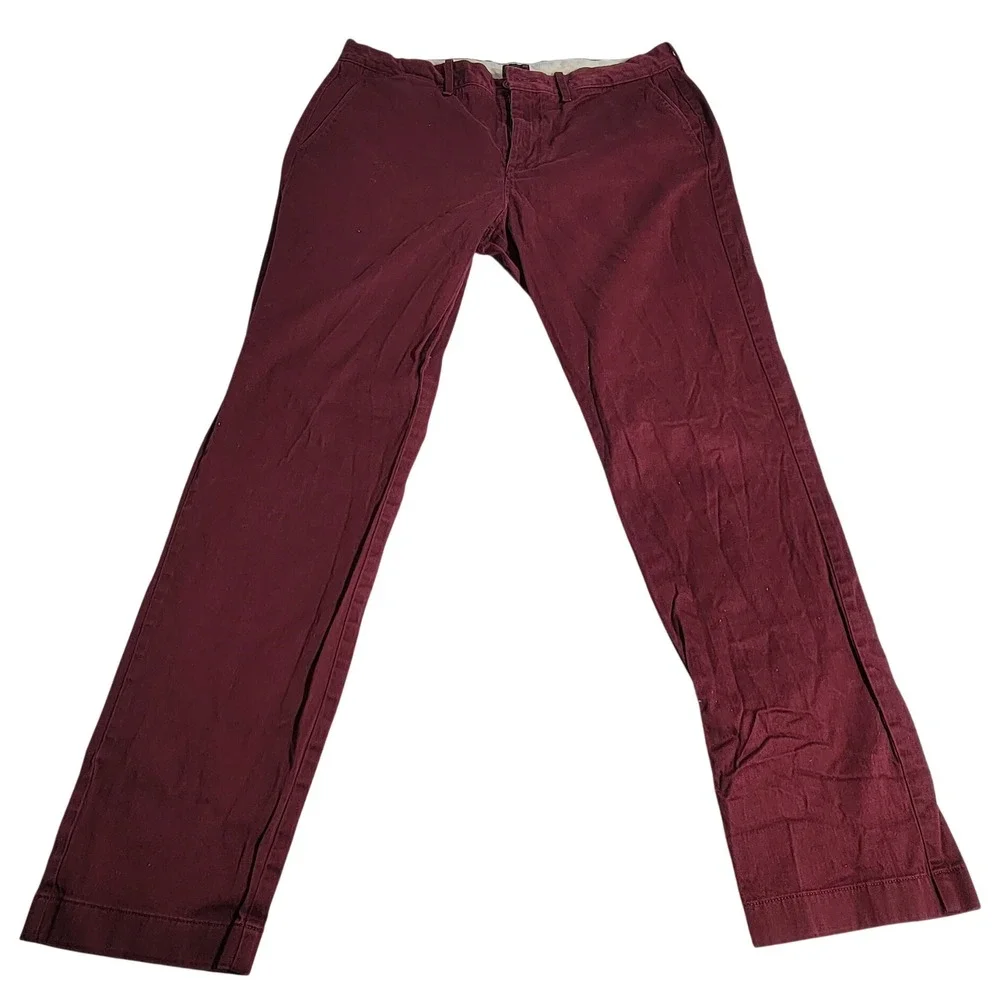 J.Crew Mens Stretch Chino Pants Burgundy Maroon 34x32 Cotton Blend Straight Leg